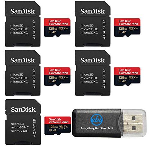 샌디스크 SanDisk 128GB Micro SDXC Extreme Pro Memory Card (Five Pack) Works with GoPro Hero 7 Black, Silver, Hero7 White UHS-1 U3 A2 Bundle with (1) Everything But Stromboli Micro Card Read