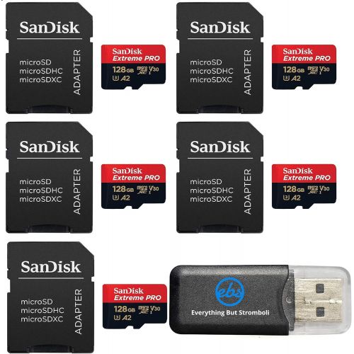 샌디스크 SanDisk 128GB Micro SDXC Extreme Pro Memory Card (Five Pack) Works with GoPro Hero 7 Black, Silver, Hero7 White UHS-1 U3 A2 Bundle with (1) Everything But Stromboli Micro Card Read