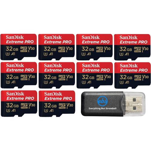 샌디스크 32GB SanDisk Extreme Pro (Ten Pack) 4K Micro Memory Card (SDSQXCG-032G-GN6MA) Class 10 U3 V30 A1 32G MicroSD HC SDHC Bundle with Everything But Stromboli Card Reader