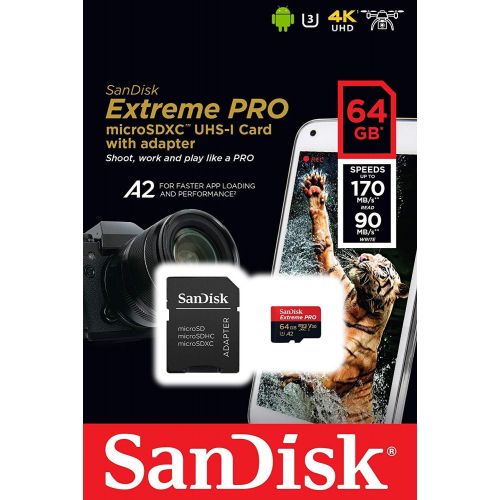 샌디스크 SanDisk 64GB Micro SDXC Extreme Pro Memory Card (2 Pack) Works with GoPro Hero 8 Black, Max 360 Action Cam U3 V30 4K Class 10 (SDSQXCY-064G-GN6MA) Bundle with 1 Everything But Stro