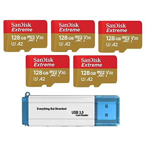 샌디스크 SanDisk 128GB Micro SDXC Extreme Memory Card (Five Pack) Works with GoPro Hero 7 Black, Silver, Hero7 White UHS-1 U3 A2 Bundle with (1) Everything But Stromboli 3.0 TF/SD Card Read