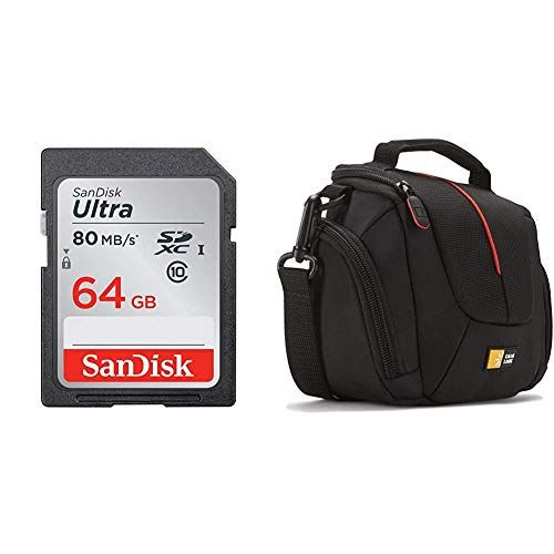 샌디스크 SanDisk Ultra 64GB Class 10 SDXC UHS-I Memory Card up to 80MB/s (SDSDUNC-064G-GN6IN) & Case Logic DCB-304 Compact System/Hybrid Camera Case (Black)