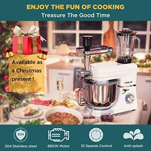  SanLidA COOKLEE 6-IN-1 Stand Mixer, 8.5 Qt. Multifunctional Electric Kitchen Mixer with Beater, Whisk, Dough Hook, Meat Grinder and Other Accessories for Most Home Cooks, SM-1507BM, Pure W