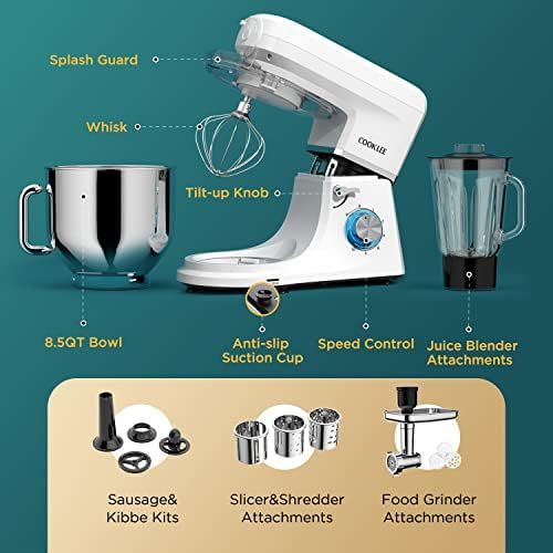  SanLidA COOKLEE 6-IN-1 Stand Mixer, 8.5 Qt. Multifunctional Electric Kitchen Mixer with Beater, Whisk, Dough Hook, Meat Grinder and Other Accessories for Most Home Cooks, SM-1507BM, Pure W