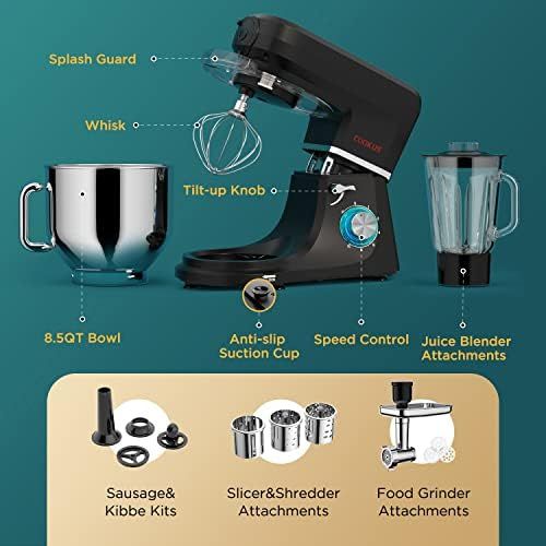  SanLidA COOKLEE 6-IN-1 Stand Mixer, 8.5 Qt. Multifunctional Electric Kitchen Mixer with 9 Accessories for Most Home Cooks, SM-1507BM, Nero Nemesis Black
