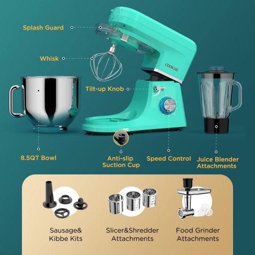 SanLidA COOKLEE 6-IN-1 Stand Mixer, 8.5 Qt. Multifunctional Electric Kitchen Mixer with 9 Accessories for Most Home Cooks, SM-1507BM, Mojito Blue