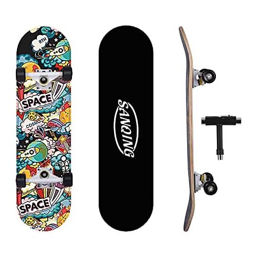  SanQing Skateboard Complete Skateboard for Kids Boys Girls Youths Standard Skateboard for Beginners Starters- 7 Layer 31 x 8 Canadian Maple Concave Kick Stunts Skate Boards (Beige)