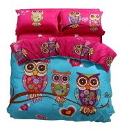 Sandyshow HNNSI Full Size Cartoon Style Kids Girls Owls Bedding Sets 4 Pieces,100% Cotton AB Version Design Owls Girls Kids Duvet/Quit/Comforter Cover Sets, Soft Cozy Home Collections Beddin