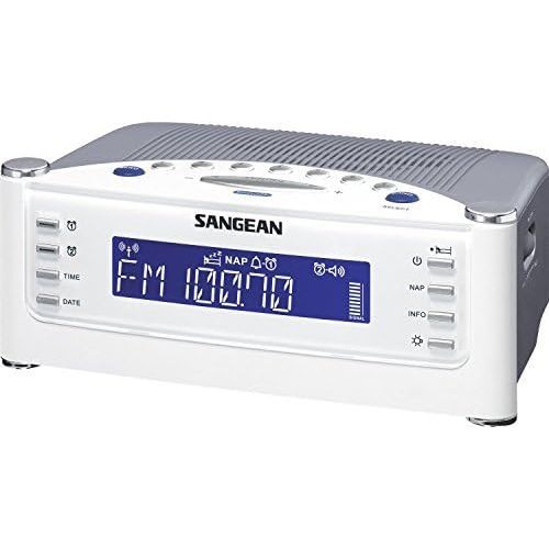  Sangean AMFM Radio Atomic Clock with Humane Waking System and Large LCD Display, Alarm with Snooze Features, Aux Input