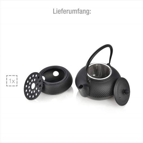  Sanger asiatische Gusseisen-Teekanne Set mit Teesieb und Teewarmer | Fuellmenge Teekessel 1,25 Liter | Ablageflache Stoevchen 11 cm Ø | Teebereiter von innen emailliert zum Schutz vo