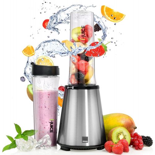  Sanger Smoothie Maker 300 Watt Leistung 6 tlg. | 3 Minuten Dauerlaufzeit | Standmixer mit 21.000 U/min | 2x 100% BPA-freie 600 ml Tritan-Trinkflaschen | Scharfe 4-Fach Edelstahlmes