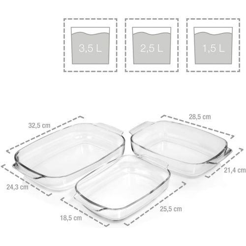  Sanger Auflaufformen aus Glas 3er Set - Gratinformen von 1,5 L bis 3,5 L, hitzebestandige Ofenformen bis 400°C, rechteckiges Ofengeschirr mit Griffen, mikrowellengeeignet und spuelm