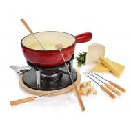 Sanger Kasefondue Set aus Gusseisen 10 teilig | Fuellmenge Caquelon 2 L | Emaillierte Innen- und Aussenseite fuer Induktion | Beinhaltet Fonduegabeln, Rechaud, Brenner und Untersetzer