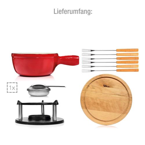  Sanger Kasefondue Set aus Gusseisen 10 teilig | Fuellmenge Caquelon 2 L | Emaillierte Innen- und Aussenseite fuer Induktion | Beinhaltet Fonduegabeln, Rechaud, Brenner und Untersetzer