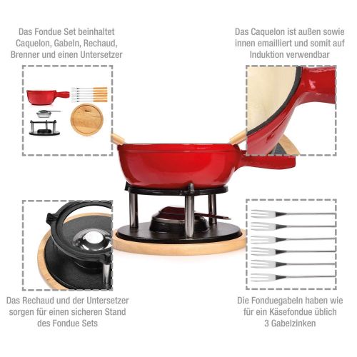  Sanger Kasefondue Set aus Gusseisen 10 teilig | Fuellmenge Caquelon 2 L | Emaillierte Innen- und Aussenseite fuer Induktion | Beinhaltet Fonduegabeln, Rechaud, Brenner und Untersetzer