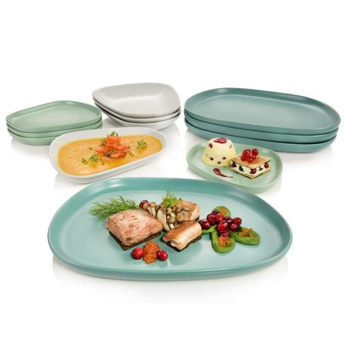  Sanger ovales, handgefertigtes, skandinavisches Gourmet Design-Teller-Set Canberra Tafelservice Geschirrset fuer 4 Personen 12-teilig in modern, matt Porzellan, Premium, besonders,