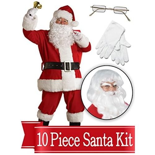  BirthdayExpress Santa Suit Complete Kit - Red Ultra Velvet Deluxe Complete 10 Piece Kit - Santa Costume Outfit