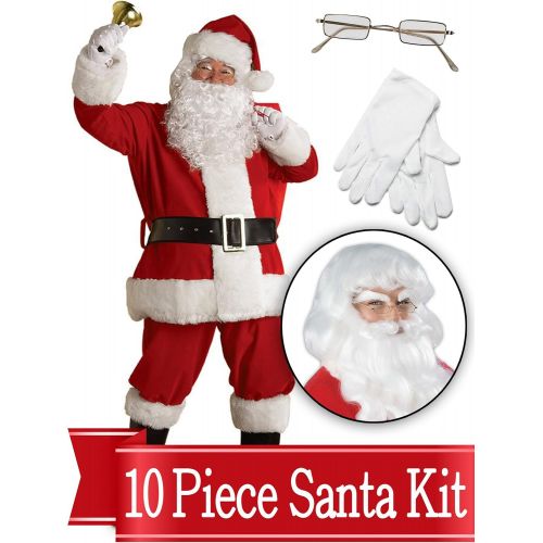  BirthdayExpress Santa Suit Complete Kit - Red Ultra Velvet Deluxe Complete 10 Piece Kit - Santa Costume Outfit