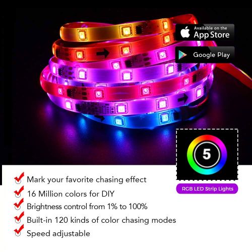  Sanwo LED Strip Lights Built-in IC with App, 32.8ft/10m LED Chasing Light, 12V 5050 RGB Waterproof 300Leds Flexible-Lighting, Dream Color Changing Rope Lights Kit with Adhesive for Home