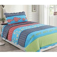 [아마존베스트]Sapphire Home 2pc Twin Size Bedspread Quilt Set Bedding for Kids Teens Boys Girls, Crocodile Giraffe Animals Design Blue Green Coverlet, Twin Bedspread + Pillow Sham, Twin XJ21 Ani