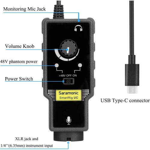  Microphone Preamp for Type-C Smartphone, Saramonic XLR to Type-C Microphone Audio Mixer with Phantom Power & Guitar Interface for Type-C Device Samsung Huawei Smartphone for Music