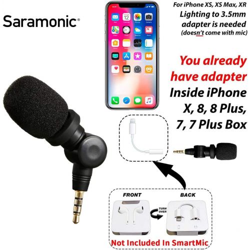  Saramonic SmartMic Mini Condenser Flexible Microphone for Smartphones,Vlogging Microphone for iPhone and YouTube Video, Mic for iOS Apple iPhone iPad and Android Phone
