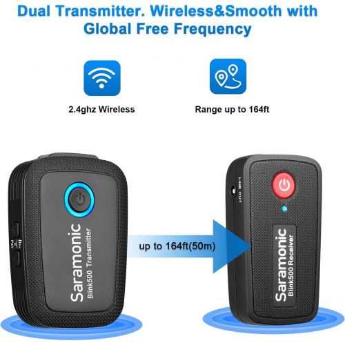  Portable 2.4GHz Wireless Microphone System, Saramonic Blink500 Ultracompact Dual-Channel Wireless Mic for Smartphone DSLR Camera Tablets Mirrorless for YouTube Facebook Live Vloggi