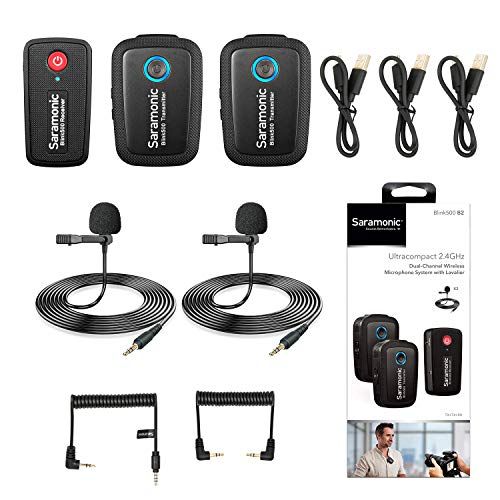  2.4GHz Wireless Microphone System, Saramonic Blink500 Dual-Channel Lav Mini Mic with Two Transmitters for DSLR Cameras, Mirrorless,iPhone Android Smartphone, for YouTube Facebook L