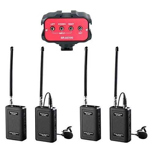  Wireless Lavalier Microphone System, Two Set of Saramonic SR-WM4C + 1 x SR-AX100 Audio Mixer Adapter for DSLR Cameras, Camcorder, idea forvideo production, ENG,EFP, film making, br