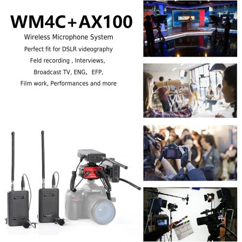  Wireless Lavalier Microphone System, Two Set of Saramonic SR-WM4C + 1 x SR-AX100 Audio Mixer Adapter for DSLR Cameras, Camcorder, idea forvideo production, ENG,EFP, film making, br