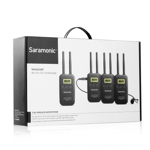  Saramonic 5.8GHz VMicLink5 Wireless Lavalier Lapel Microphone System with 3 Bodypack Transmitter,1 Portable Receiver Compatible with Canon EOS T6i Nikon D3300 D3400 Panasonic DSLR