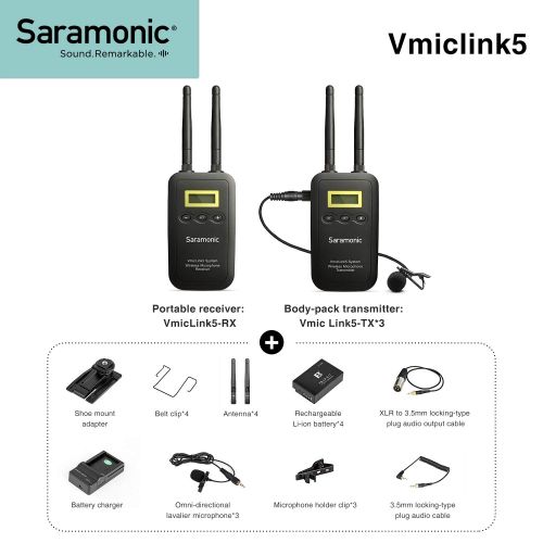  Saramonic 5.8GHz VMicLink5 Wireless Lavalier Lapel Microphone System with 3 Bodypack Transmitter,1 Portable Receiver Compatible with Canon EOS T6i Nikon D3300 D3400 Panasonic DSLR