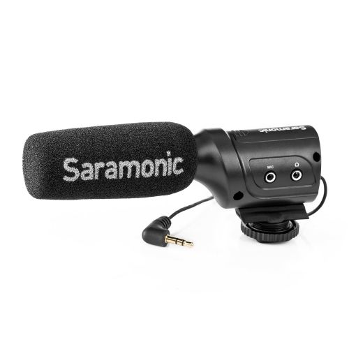  Video Microphone, Saramonic SR-M3 Mini Directional Shotgun Mic for Youtube and Interview with Extra Mic Input and Real Time Headphone Monitoring Compatible with Nikon Canon Sony DS