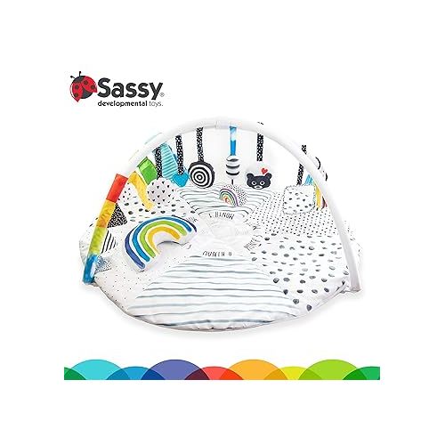  Sassy Stages STEM Developmental Play Gym, Sensory Tummy Time Activity Play Mat w/Built-in Instructions, Ultra Plush & Machine Washable Playmat for Babies & Toddlers