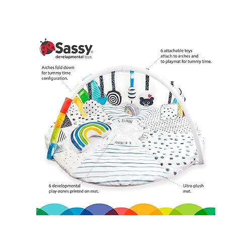  Sassy Stages STEM Developmental Play Gym, Sensory Tummy Time Activity Play Mat w/Built-in Instructions, Ultra Plush & Machine Washable Playmat for Babies & Toddlers