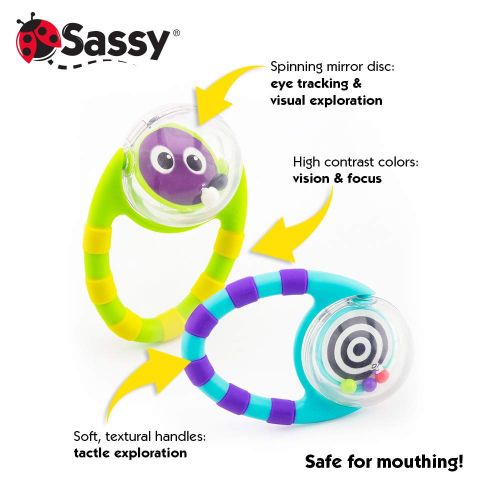  Sassy Flip & Grip Rattle | Value 2 Pack | Developmental Toy with Rattle Beads | Spinning Discs with Mirror | For Ages 3 Months and Up