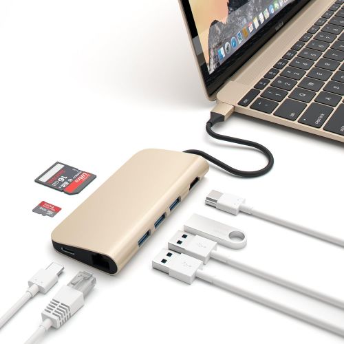 사테치 Satechi Aluminum Multi-Port Adapter 4K HDMI, USB-C Pass Through, Gigabit Ethernet, SDMicro Card Readers, USB 3.0 - Compatible with 201620172018 MacBook Pro and more (Gold)