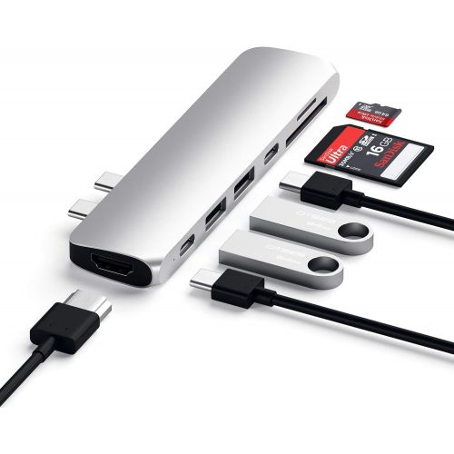 사테치 Satechi Aluminum Type-C Pro Hub Adapter with Thunderbolt 3 (40Gbs), 4K HDMI, USB-C Data, SDMicro Card Reader, USB 3.0 - Compatible with 201620172018 MacBook Pro 13-Inch and 15-I