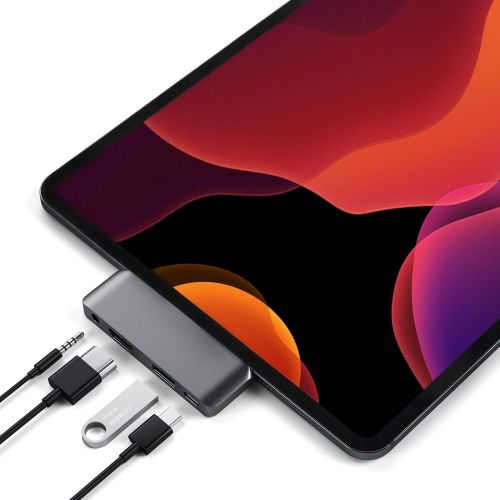 사테치 Satechi Aluminum Type-C Mobile Pro Hub Adapter with USB-C PD Charging, 4K HDMI, USB 3.0 & 3.5mm Headphone Jack - Compatible with 2018 iPad Pro, Microsoft Surface Go and More (Space