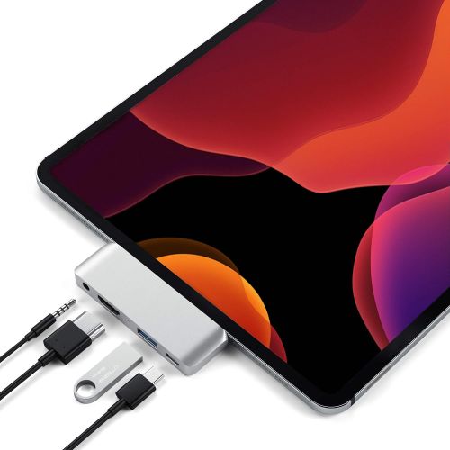 사테치 Satechi Aluminum Type-C Mobile Pro Hub Adapter with USB-C PD Charging, 4K HDMI, USB 3.0 & 3.5mm Headphone Jack - Compatible with 2018 iPad Pro, Microsoft Surface Go and More (Space