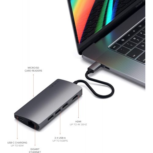 사테치 Satechi Aluminum Multi-Port Adapter V2-4K HDMI (30Hz), Gigabit Ethernet, USB-C Pass-Through, SDMicro Card Readers, USB 3.0 - Compatible with 2018 MacBook ProAir, 2018 iPad Pro (S