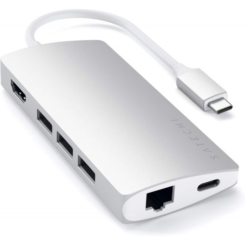 사테치 Satechi Aluminum Multi-Port Adapter V2-4K HDMI (30Hz), Gigabit Ethernet, USB-C Pass-Through, SDMicro Card Readers, USB 3.0 - Compatible with 2018 MacBook ProAir, 2018 iPad Pro (S