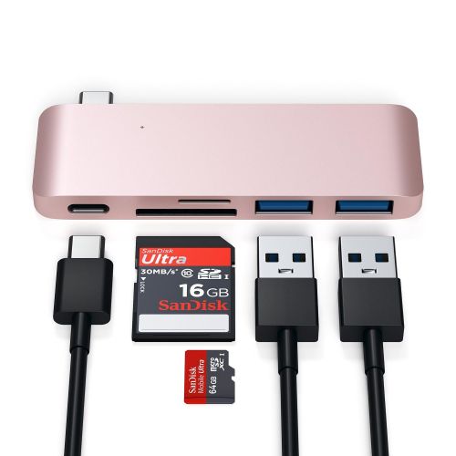 사테치 Satechi Aluminum Type-C USB 3.0 3-in-1 Combo Hub with USB-C Pass-Through - Compatible with 2018 MacBook Air, 2018 iPad Pro, 201520162017 MacBook 12-Inch and More (Rose Gold)