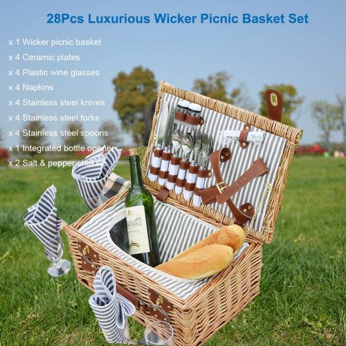  SatisInside Upgraded Insulated USA 2020 Luxury 28pcs Wicker Picnic Basket for 4 - Reinforced Handle - Red Gingham
