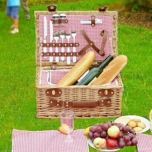  SatisInside Upgraded Insulated USA 2020 Luxury 28pcs Wicker Picnic Basket for 4 - Reinforced Handle - Red Gingham