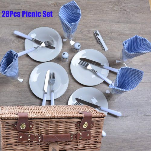  SatisInside Upgraded Insulated USA 2020 Luxury 28pcs Wicker Picnic Basket for 4 - Reinforced Handle - Red Gingham