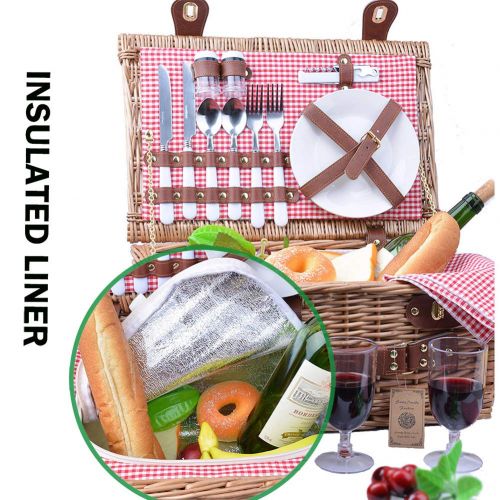  SatisInside Upgraded Insulated USA 2020 Luxury 28pcs Wicker Picnic Basket for 4 - Reinforced Handle - Red Gingham