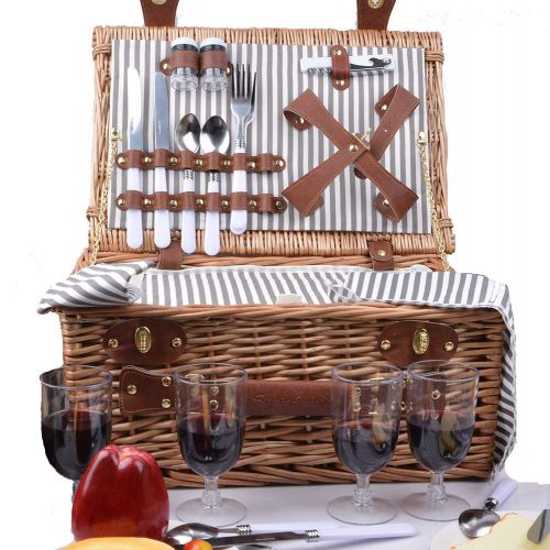  SatisInside Upgraded Insulated USA 2020 Luxury 28pcs Wicker Picnic Basket for 4 - Reinforced Handle - Red Gingham