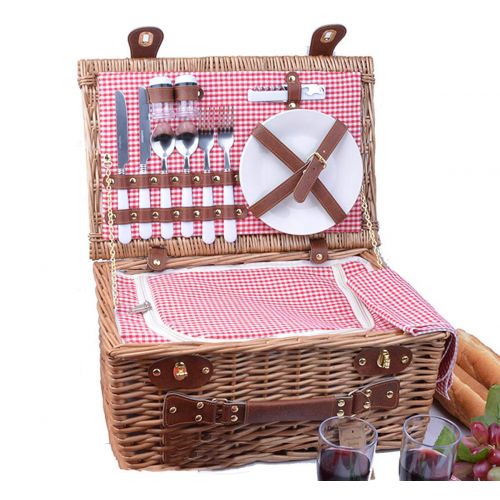  SatisInside Upgraded Insulated USA 2020 Luxury 28pcs Wicker Picnic Basket for 4 - Reinforced Handle - Red Gingham