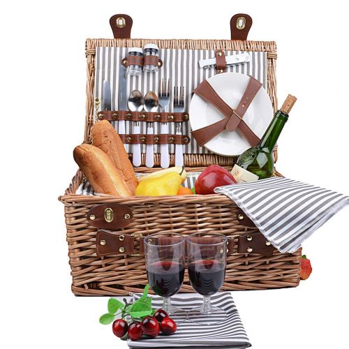  SatisInside Upgraded Insulated USA 2020 Luxury 28pcs Wicker Picnic Basket for 4 - Reinforced Handle - Red Gingham